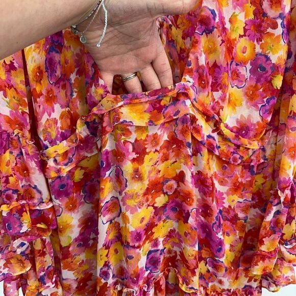 MISA Los Angeles Yasemin Bright Pink Orange Yellow Floral Chiffon Bell Sleeve Mi - Picture 13 of 16